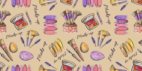 Watercolor Seamless pattern digital paper textile packaging Makeup Backgrounds. multicolororange, pink, violet, purple and yellow eyeshadow, sponge, splash and Make-up brush elements on brown