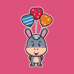 
vector illustration of cute donkey 
carry balloons, suitable for children's books, birthday cards, valentine's day.