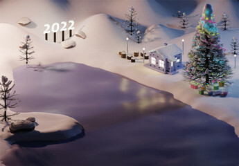 A house and an elegant spruce in the snow-capped mountains and forests, decorated with garlands on New Year's Eve.