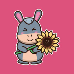 
vector illustration of cute donkey 
holding sunflower, suitable for children's books, birthday cards, valentine's day.