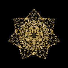 golden doodles on dark black background on snowflakes style