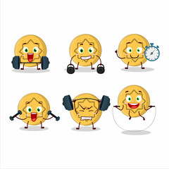 A healthy dalgona candy flower cartoon style trying some tools on Fitness center