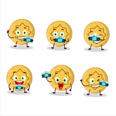 Photographer profession emoticon with dalgona candy flower cartoon character