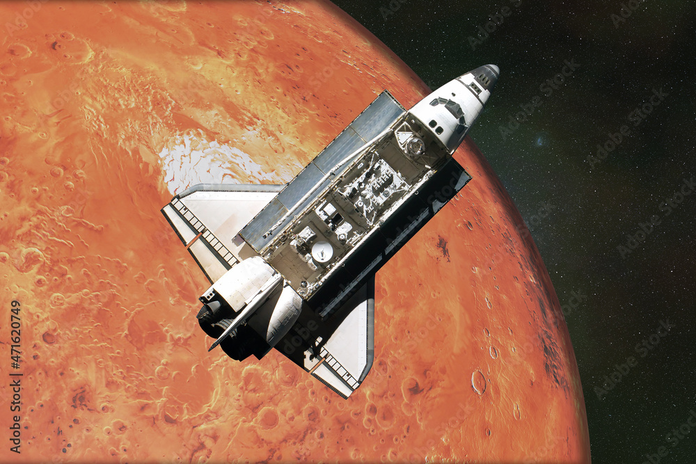Wall mural flying space shuttle close to the mars planet of solar system. north pole of the mars planet. 3d ren