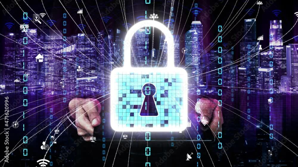 Poster cyber security encryption technology to protect data privacy conceptual . 3d render computer graphic