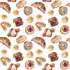 Watercolor seamless pattern of pastry