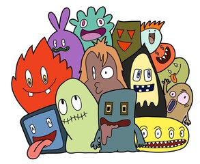 funny monsters. Cool hand drawn characters. Cartoon hand drawn doodles, children's  background.