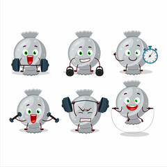 Obraz premium A healthy white candy wrap cartoon style trying some tools on Fitness center