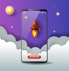 A red rocket launches from a smartphone in this concept for a new business start-up.