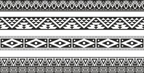 Vector monochrome seamless set of Native American folk ornaments. Frames and borders of the peoples of South and North America, Aztecs, Incas, Mayans, Cherokee, Comanches, Iroquois, Apaches,
