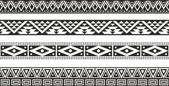 Vector monochrome seamless set of Native American folk ornaments. Frames and borders of the peoples of South and North America, Aztecs, Incas, Mayans, Cherokee, Comanches, Iroquois, Apaches,
