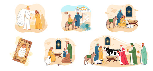 Set of Christmas scenes. Bundle of Nativity backgrounds. Holy Family and Baby Jesus and in manger at night with Bethlehem star. Mary and Joseph. Merry Christmas vector illustration. The birth of Jesus