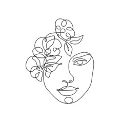 Female Floral Head Line Art Drawing. Flower Head Woman Line Drawing for Wall Art, Print, Poster, Social Media. Flower Woman Minimalist Art. Vector EPS 10