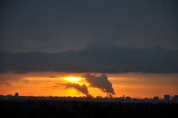 sky horizon sunrise sunset nuclear explosion ochre orange forest black horizon line industrial industrial city megapolis forest 