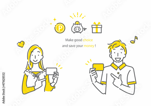 カードをおすすめする笑顔の若い女性と男性 シンプルでお洒落な線画イラスト Canvas Print Fumika Shibata カードをおすすめする笑顔の若い女性と男性 シンプルでお洒落な線画イラスト Canvas Print Fumika Shibata