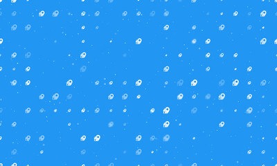 Seamless background pattern of evenly spaced white real estate location symbols of different sizes and opacity. Vector illustration on blue background with stars