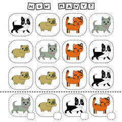 How many counting game with funny dogs, hamster, dogs, cats. Worksheet for preschool kids, kids activity sheet, printable worksheet