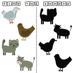 Find a pair or shadow  game with funny chicken, duck, cat, cow.  Worksheet for preschool kids, kids activity sheet, printable worksheet 
