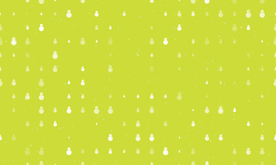 Seamless background pattern of evenly spaced white Christmas snowmans of different sizes and opacity. Vector illustration on lime background with stars
