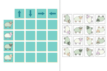 Match cartoon sheeps and directions up, down, left and right. Educational game for children.