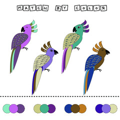 worksheet vector design, challenge to connect the parrot  with its color. Logic game for children.