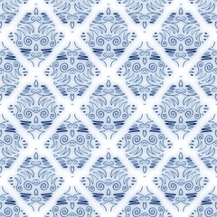 Seamless blue and white ceramic tile ornate damask pattern for surface design and print. High quality illustration. Fancy swatch resembling dutch delft blue classical pottery. Trendy flourish design.