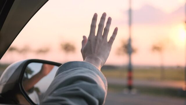 free girl hand out of the window rides a car wind in the face. concept car travel on the road. girl stretches her hand out of the car window sun glare sunset. happy and freedom concept