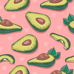 Vector seamless pattern with avocado slices and slices on an abstract background. Healthy vegetarian food. Tropical fresh fruits pattern. Floral exotic motives for the design of wallpaper, textiles.