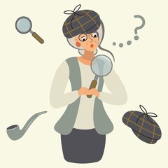 Extravagant lady detective in shock. Madame in search of a clue. Surprised woman surrounded by detective's accessories looks through a magnifying glass. Isolated vector illustrations. Retro flat style