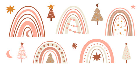 Pink Christmas rainbow set. Cute winter rainbows and Christmas trees collection isolated graphic elements. New Year clipart. Pastel Christmas vector illustration. Hand drawn arch for winter holiday.