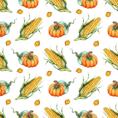 Watercolor pattern illustrations of corn, pumpkin and leaves. Seamless repeating harvest festival print. Thanksgiving Day. Isolated over white background. Drawn by hand.