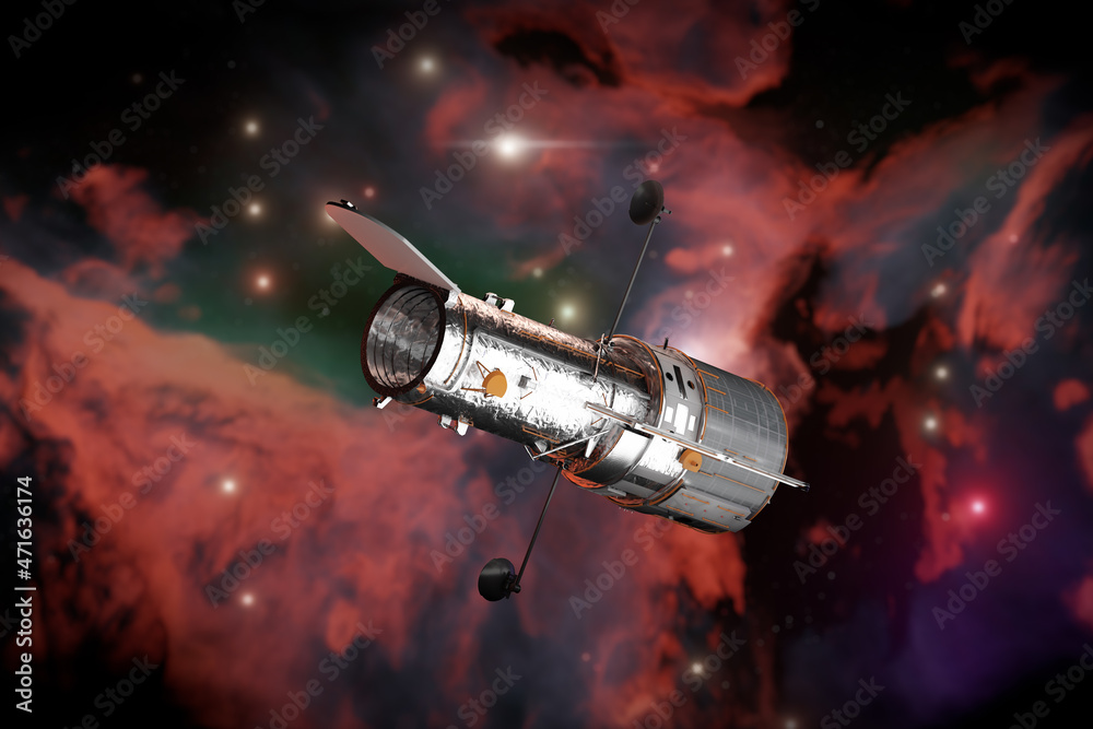 Poster Space Telescope Hubble in Open Space. 3d Rendering