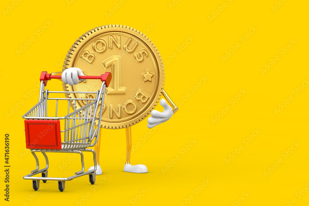 Aufkleber golden loyalty program bonus coin person character mascot with shopping cart trolley. 3d rendering