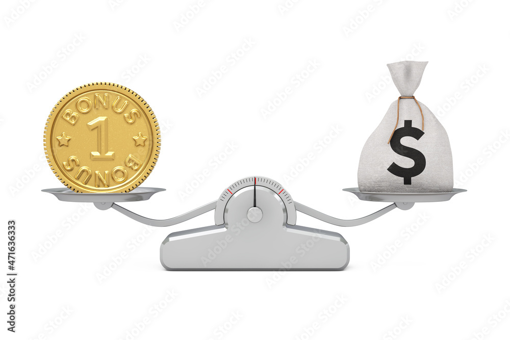 Fototapete golden loyalty program bonus coin with rustic money bag balancing on a simple weighting scale. 3d re