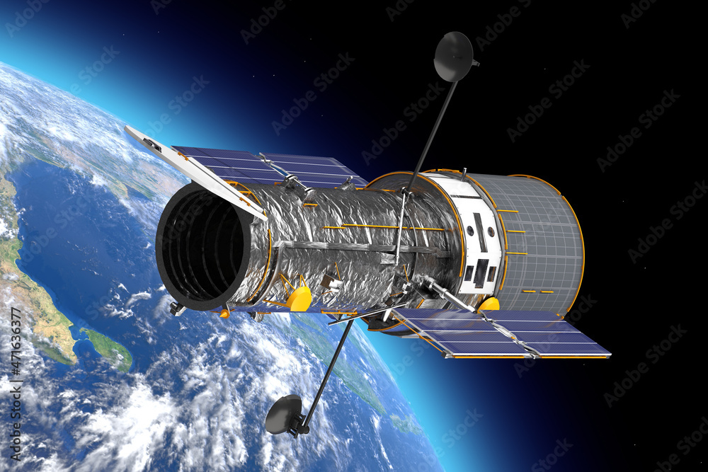 Poster space telescope hubble in open space near planete earth. elements of this image furnished by nasa. 3