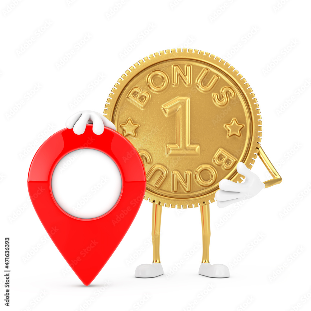 Poster golden loyalty program bonus coin person character mascot with red map pointer target pin. 3d render