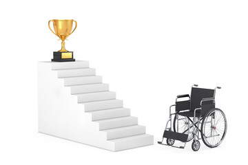 Winner Concept. Wheelchair near Target Stairs with Golden Award Trophy. 3d Rendering