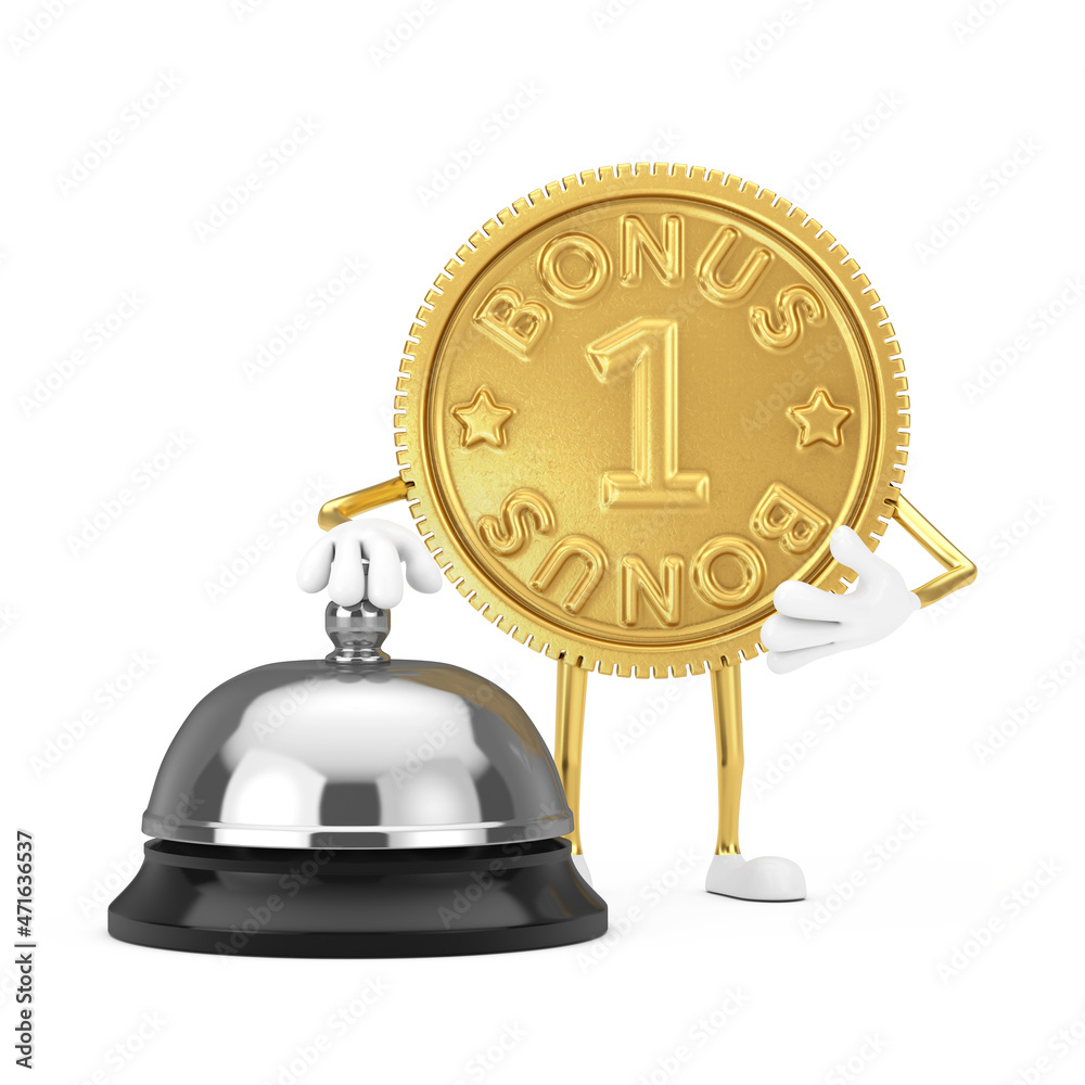 Poster golden loyalty program bonus coin person character mascot with hotel service bell call. 3d rendering