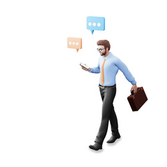 Conversation concept. Portrait of a  businessman with phone and bubble talk. 3d illustration