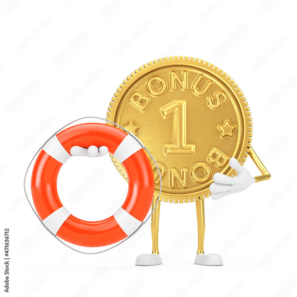 Poster golden loyalty program bonus coin person character mascot with life buoy. 3d rendering