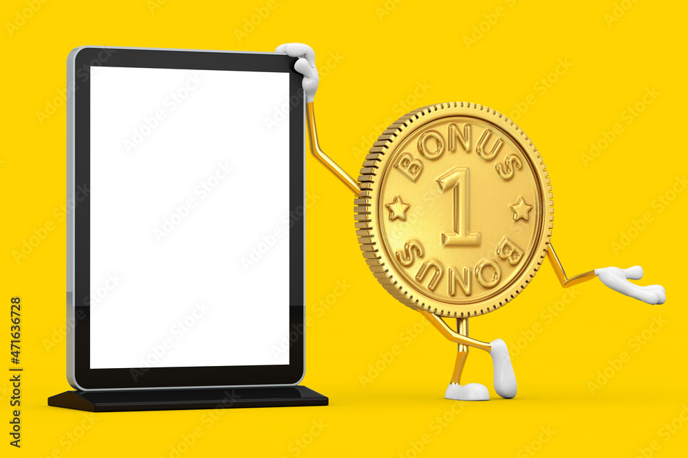 Poster Golden Loyalty Program Bonus Coin Person Character Mascot with Blank Trade Show LCD Screen Stand as Template for Your Design. 3d Rendering