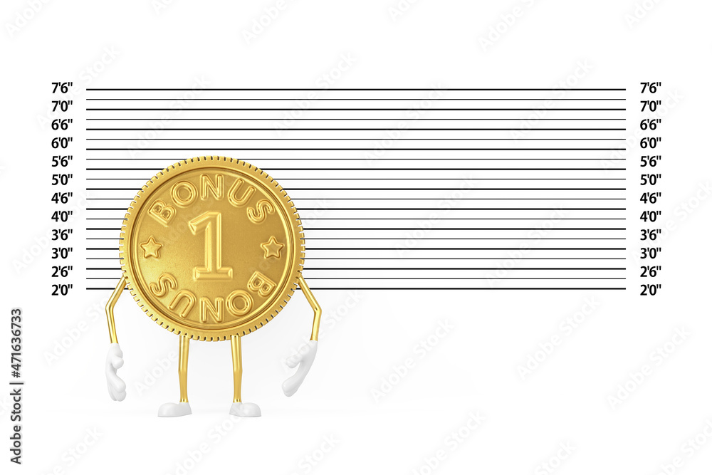 Aufkleber golden loyalty program bonus coin person character mascot in front of police lineup or mugshot backg