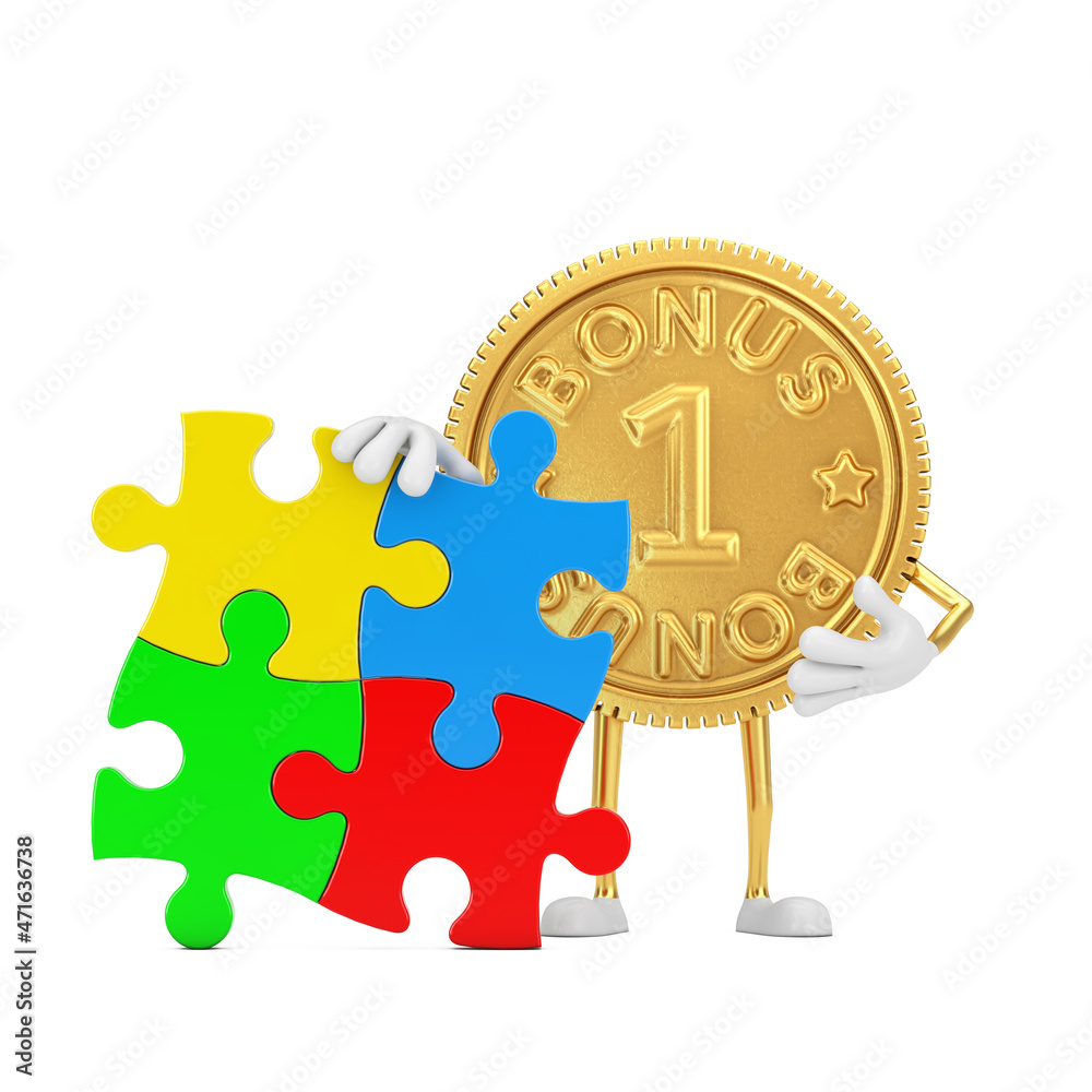 Aufkleber golden loyalty program bonus coin person character mascot with four pieces of colorful jigsaw puzzle