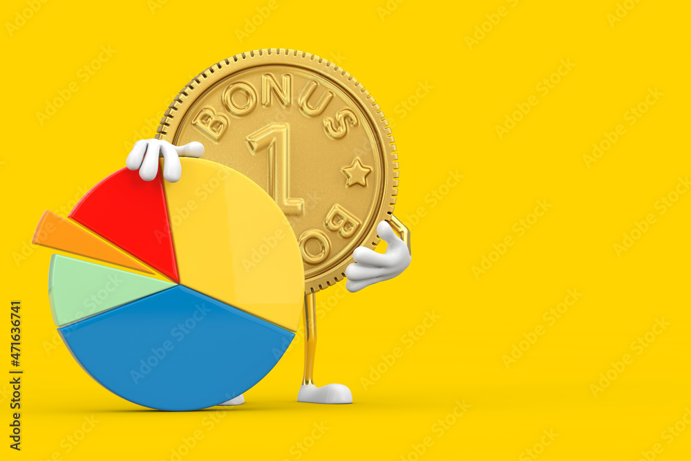 Poster golden loyalty program bonus coin person character mascot with info graphics business pie chart. 3d 