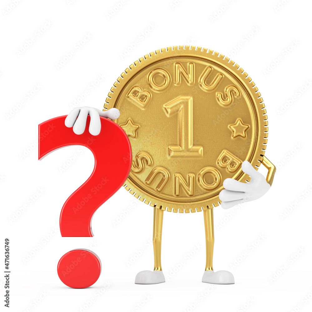 Poster Golden Loyalty Program Bonus Coin Person Character Mascot with Red Question Mark Sign. 3d Rendering