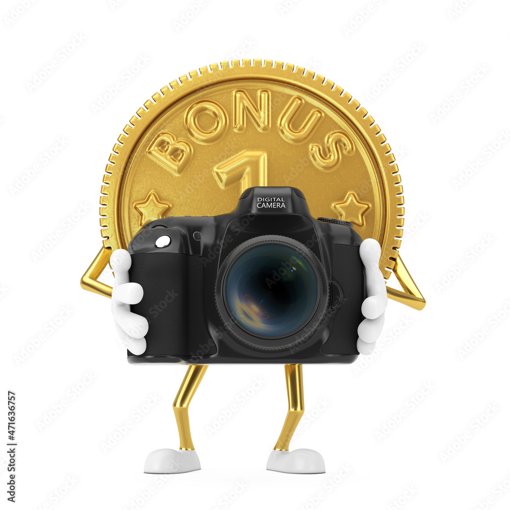 Aufkleber golden loyalty program bonus coin person character mascot with modern digital photo camera. 3d rende