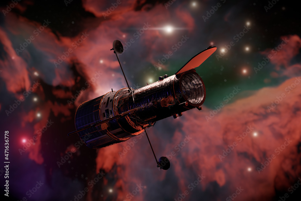 Poster Silhoette of Space Telescope Hubble in Open Space. 3d Rendering