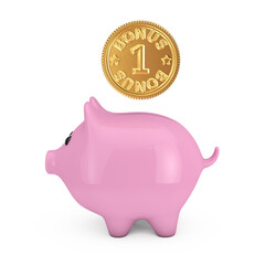 Golden Loyalty Program Bonus Coin with Pink Piggy Bank. 3d Rendering