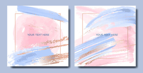 Set of vector abstract backgrounds in pink and blue colors. Delicate brush strokes with gold splashes and spots.