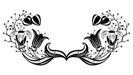 Monochrome frame with flowers, berries and physalis. Black crown with white ornament. Vector floral template with bouquets wreath for card and invitation